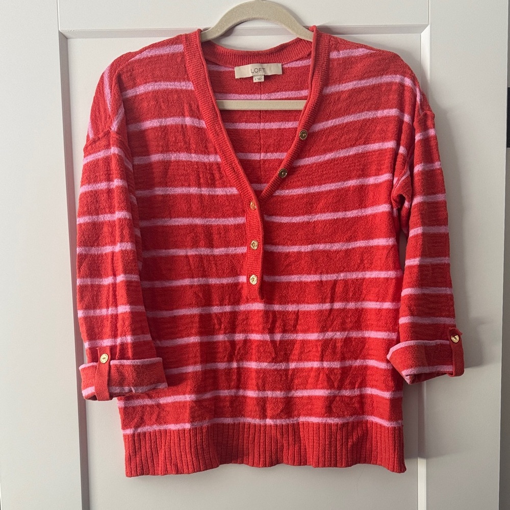 LOFT Red and Pink Striped Cardigan
